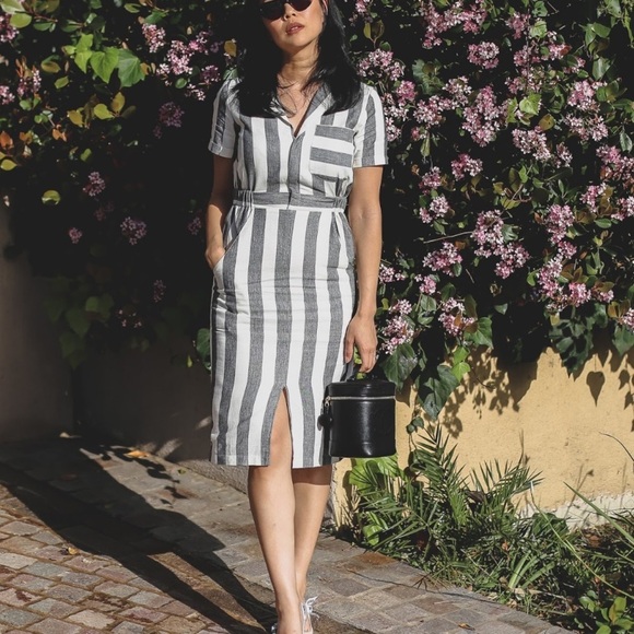 ASOS Midi Shirt Dress Size 2 Gray Ivory Stripe Cotton | V-Neck Pencil Workwear - Picture 3 of 11